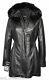 Angel Ladies Black Trench Mid Length Fur Hooded Designer Leather Jacket Coat