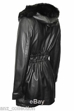 Angel Ladies Black Trench Mid Length Fur Hooded Designer Leather Jacket Coat