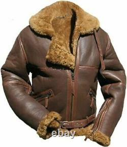 B3 Brown Mens Bomber RAF Flying Aviator Fur Irvin Real Shearling Leather Jacket