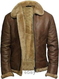 B3 RAF Bomber Brown Aviator Pilot Flying Fur Shearling Leather Jacket Mens Coat