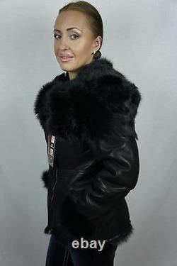 Black 100% Sheepskin Toscana Shearling Leather Lambskin Hood Coat Jacket XS-7XL