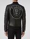 Black Crystal Skull Printed Philipp Plein Men's Genuine Leather Bomber Jacket