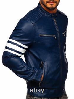 Blue Men's Jacket Real Soft Lambskin Leather Handmade Stylish Motorcycle Biker