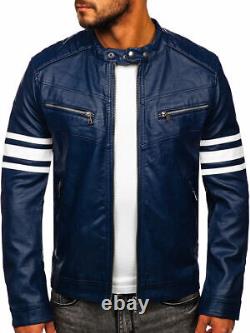 Blue Men's Jacket Real Soft Lambskin Leather Handmade Stylish Motorcycle Biker