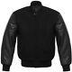 Bomber Jacket Varsity Letterman Black Wool And Leather Sleeves