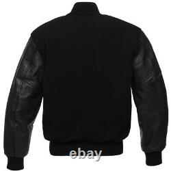 Bomber Jacket Varsity Letterman Black Wool And Leather Sleeves