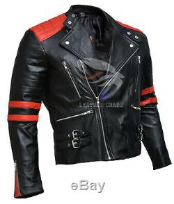 Brando Biker Black and Red Motorcycle Genuine Real Leather Jacket XS S M L XL