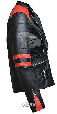 Brando Biker Black and Red Motorcycle Genuine Real Leather Jacket XS S M L XL