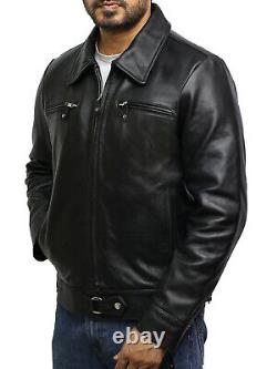 Brandslock Mid Length Men Leather Jacket Vintage Retro Black Napa Classic Design