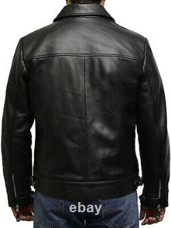 Brandslock Mid Length Men Leather Jacket Vintage Retro Black Napa Classic Design