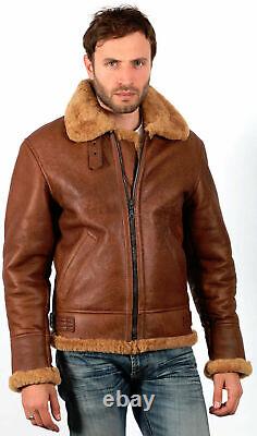 Brown Aviator Genuine Shearling Leather Jacket for men Bomber Fur Collar Upper