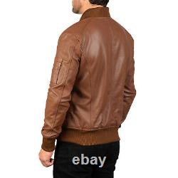 Brown Leather Motorbike Bomber Jacket Mens Slim Fit Motocyle Biker Jacket