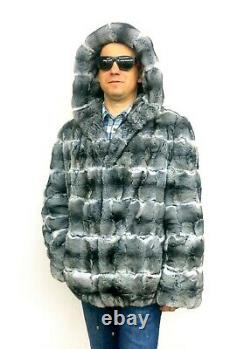 CHINCHILLA FUR MEN'S HOODED JACKET Coat Size XL Real Genuine 100% Natural NEW