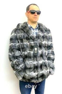 CHINCHILLA FUR MEN'S HOODED JACKET Coat Size XL Real Genuine 100% Natural NEW