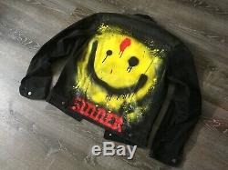 Custom handmade spray painted smiley face IGOR black denim jean jacket sz. M NEW