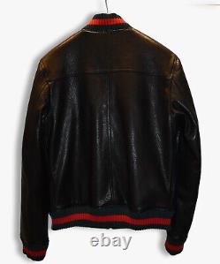 Drake Men Red Green Italian Colors Black Textured Genuine Leather Bomber Jacket