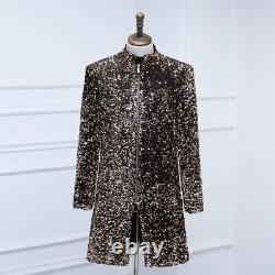 Fashion Men's Mid Length Coffee Colored Velvet Sequin Suit Jacket Banquet Coat
