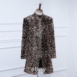 Fashion Men's Mid Length Coffee Colored Velvet Sequin Suit Jacket Banquet Coat