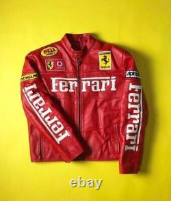 Ferrari Racing Motorcycle Vintage World Champion Biker Genuine Leather Jacket
