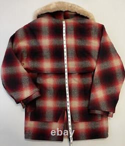 Filson Lined Wool Mackinaw Packer Coat Red Cream Shearling Small Made In USA