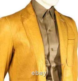 Formal Lambskin Decent Yellow Button Classic Leather Blazer Men