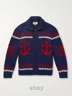 GUCCI Wool Bomber Sweater Cardigan M Intarsia Zip up Blue Red Anchor Knitted