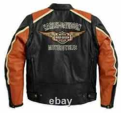 Genuine Mens Harley Davidson Classic Black & Orange Biker Leather Jacket