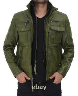 Handmade New Green Men's Jacket Real Lambskin Leather Stylish Motorcycle Casual