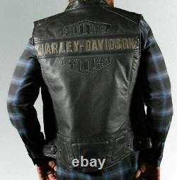 Harley Davidson Men's Genuine Leather Black Biker Vest Jacket Moto Cafe Racer