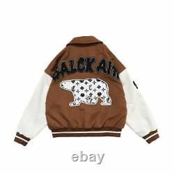 Hip Hop Baseball Jacket Polar Bear Printed Patchwork Casual Fashion Couple Tops