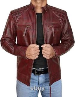 Jacket Leather Biker Red Vintage Slim Fit New Men S Motorcycle Lambskin Mens