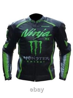 Kawasaki Ninja Monster Men's Racing Cowhide Leather Motorcycle Biker Jacket