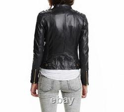 Ladies Women Black Slim Fit Biker Motorcycle Style Real Leather Jacket