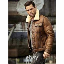 Leather Jacket Fur Shearling Bomber Men's Aviator Sheepskin Brown Real Coat