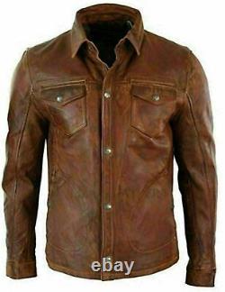 Leather Shirt Jacket Western Trucker Overshirt Waxed Button Down Biker Jacket
