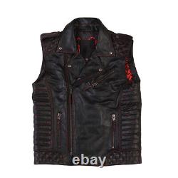 Leather Vest Men's real lamb skin leather quilted jacket Black vest