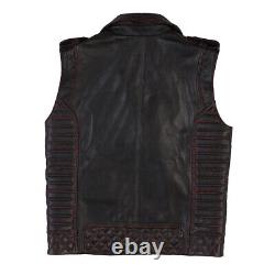 Leather Vest Men's real lamb skin leather quilted jacket Black vest