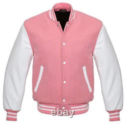 Letterman Varsity Bomber Baseball Jacket Pink Wool & White Leather Sleeves