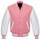 Letterman Varsity Bomber Baseball Jacket Pink Wool & White Leather Sleeves
