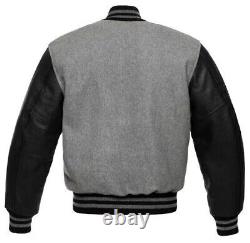 Lettermen Bomber Baseball Gray Wool Varsity Jacket, With Black Leather Sleeves