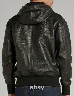 Luxe Leather Genuine Crocodile Printed Lambskin Hooded leather jacket for men's