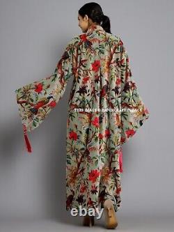 Luxury Velvet Fringe Jacket Coat Kimono Duster Bird Printed Kimono Long Jacket