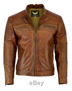 MENS Vintage Cafe Racer Distressed BROWN Genuine Leather Biker Slim Fit Jacket
