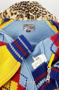 MISS SIXTY 60 Women Sweater Wool Knit Rib Jacket Zip Raglan Argyle Multicolor S