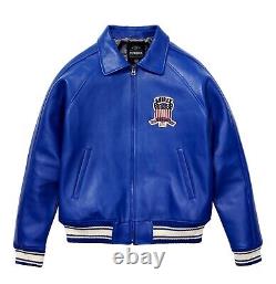 Men AVIREX Bomber Jacket American Flight Jacket Basket Ball Blue Leather Jacket