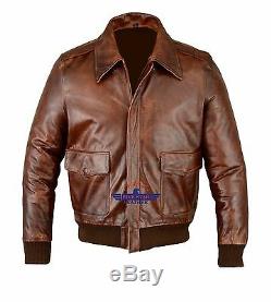 Men A-2 Real Leather Brown Aviator Pilot Field Jacket Fly Goatskin Bomber WWII