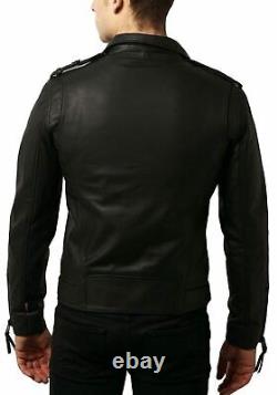 Men Black Biker Leather Jacket Soft Lambskin Motorcycle Cafe Racer Zipper Short