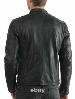 Men Black Leather Jacket Biker Motorcycle Cafe Racer Soft Lambskin Zipper