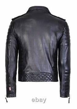 Men Black Leather Jacket Biker Motorcycle Cafe Racer Soft Lambskin Zipper