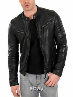 Men Black Leather Jacket Biker Motorcycle Cafe Racer Soft Lambskin Zipper Short